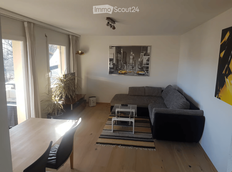 wooden floor, sectional sofa, 2 tables, carpet, 2 paintings, potted plant, lamps