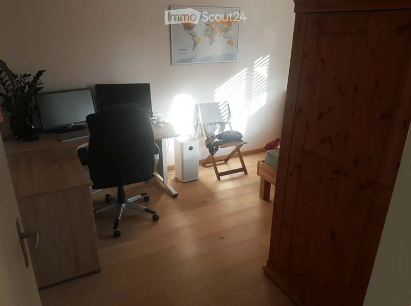 Wooden desk, black swivel chair, two monitors, plant, wooden chair, wooden closet