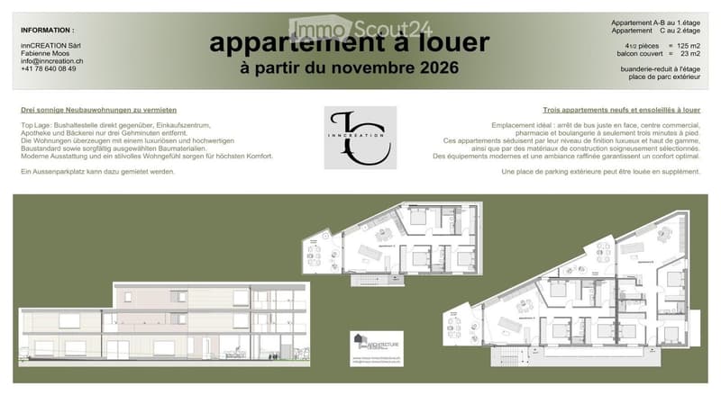 Floor plan of three new apartments, including layout details for apartments A, B, and C on the first and second floors, with a covered balcony and exterior parking space.