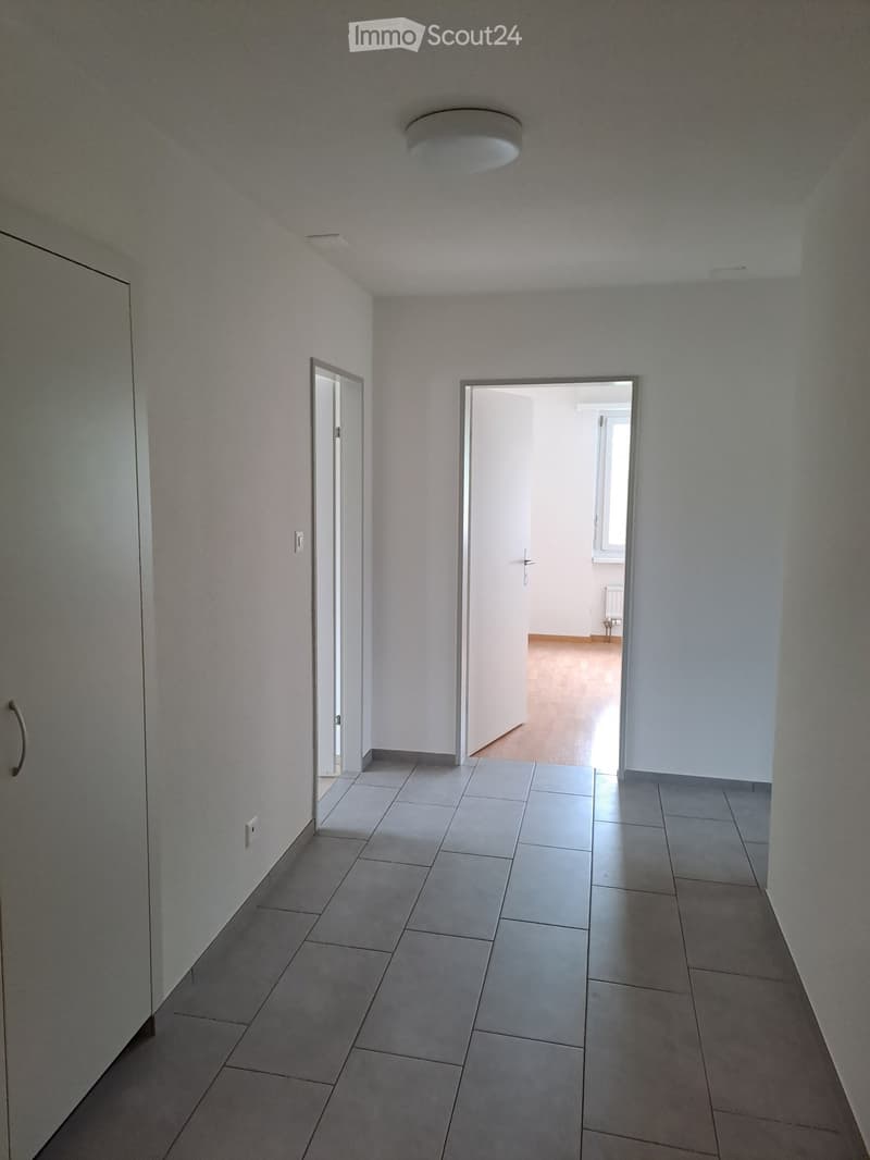 Empty room with white walls, gray tiled floor, doors, and a ceiling light.