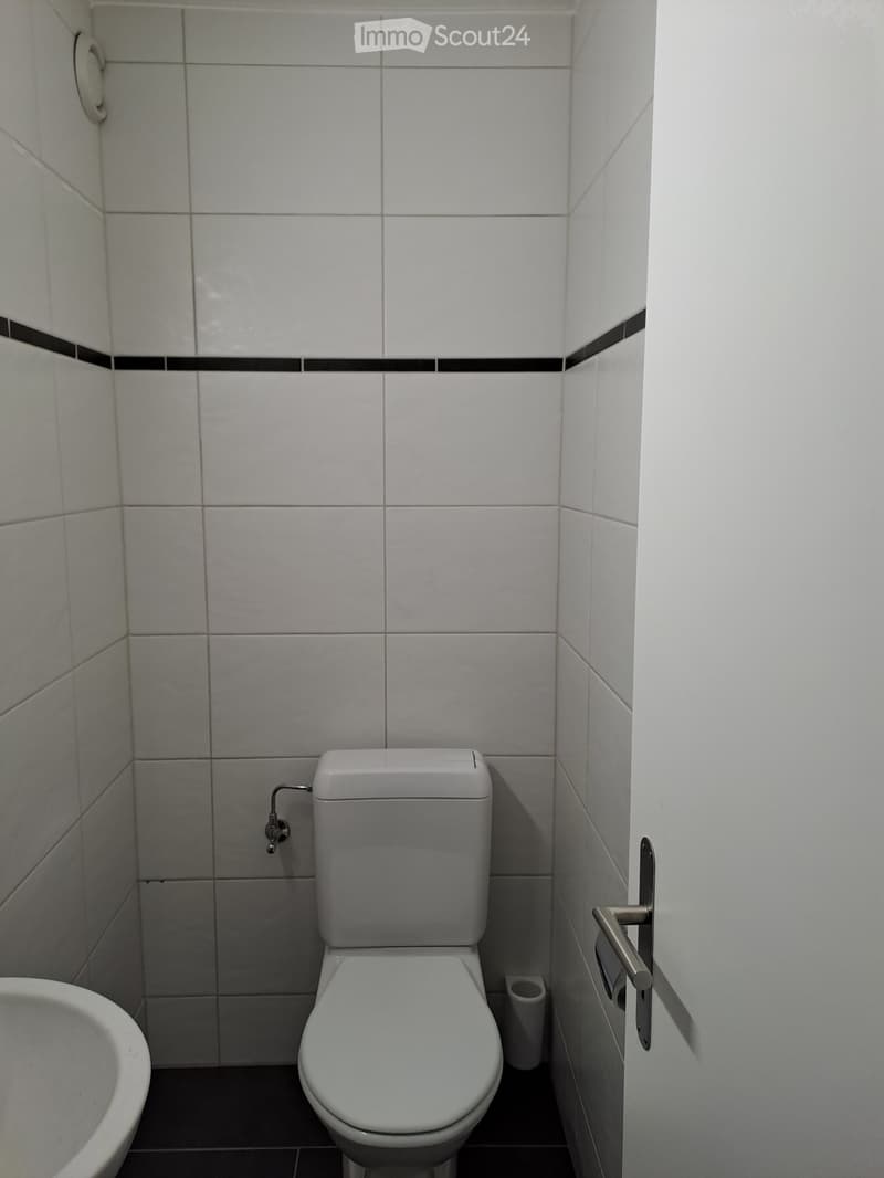 white tiles, black border, white toilet, sink, toilet paper holder, open door