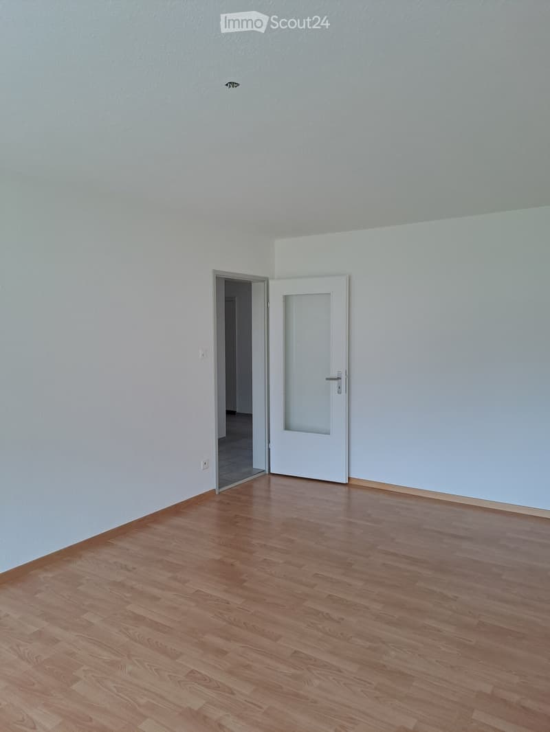 Empty room, white walls, wooden floor, two doors, one leading to another room, white ceiling