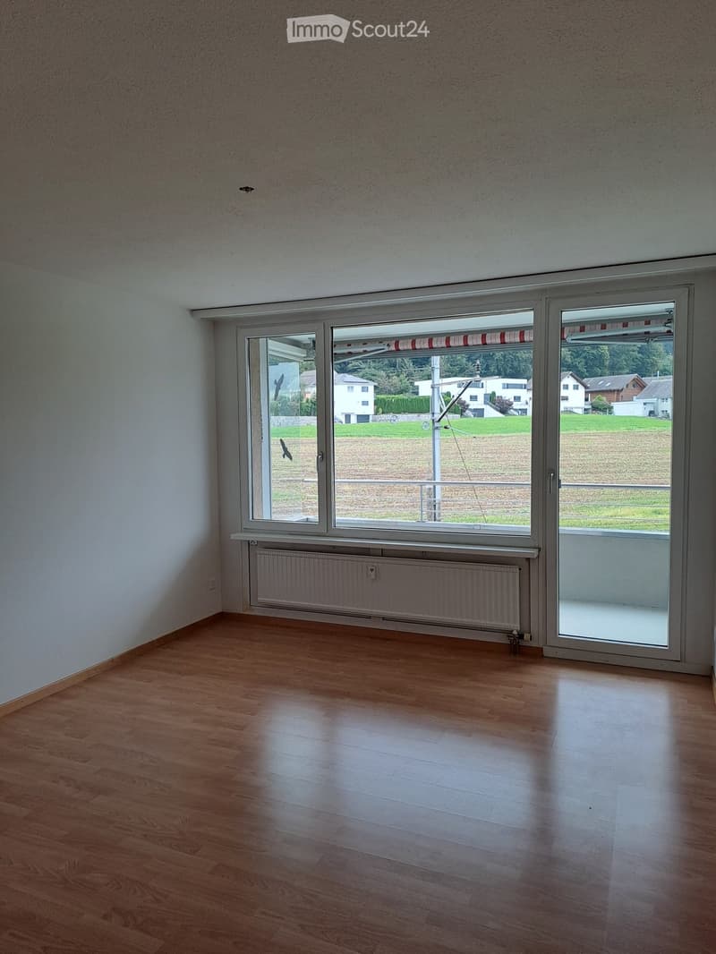 empty room with wooden floor, white walls, large windows, balcony with railings, view of a green field, white radiator, power outlet