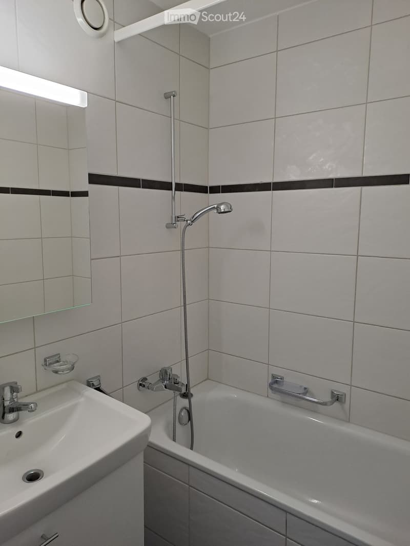 white tiled walls, white bathtub, silver faucet, silver shower head, mounted mirror, under-mounted sink, silver grab bar