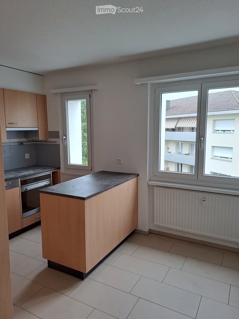 modern kitchen, island countertop, gas oven, dishwasher, ceramic floor, wooden cabinets, two windows, radiator