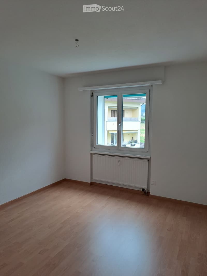 empty room, hardwood floor, white walls, large window, radiator
