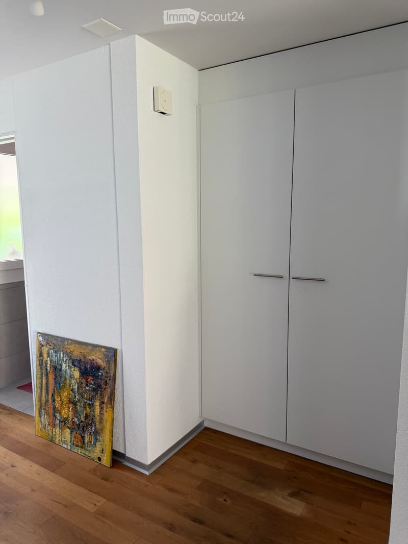 A small, unfurnished room with white walls, wooden flooring, and a single cabinet. A colorful painting is leaning against the wall.