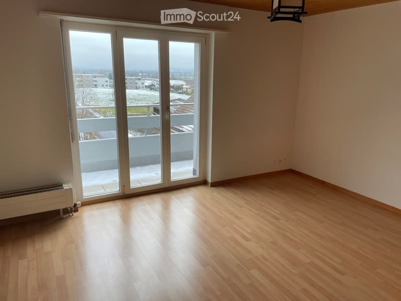 Empty room with wooden flooring, large sliding glass doors leading to a balcony, radiator on the left side, and a ceiling light fixture.