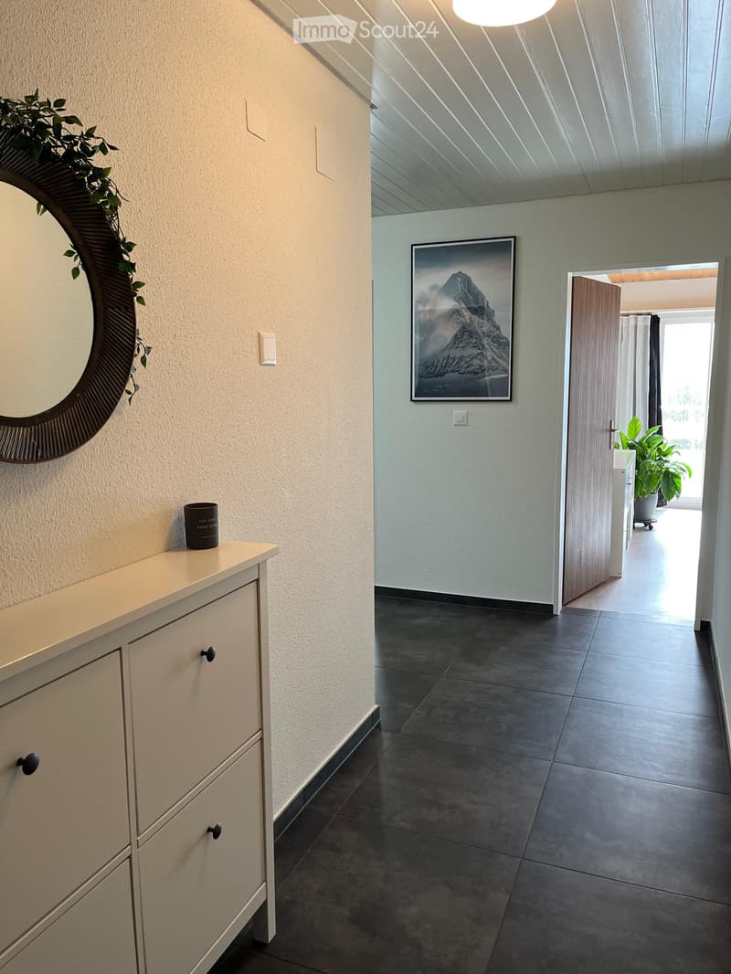 Modern hallway with grey tiled floor, light-colored walls, a round mirror with a wooden frame, a small cabinet with a black mug, and a framed mountain picture on the wall.