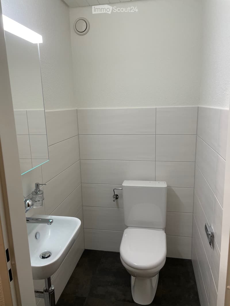 Modern bathroom with white tiles, a toilet, a sink with a chrome faucet, a mirror, and a soap dispenser.