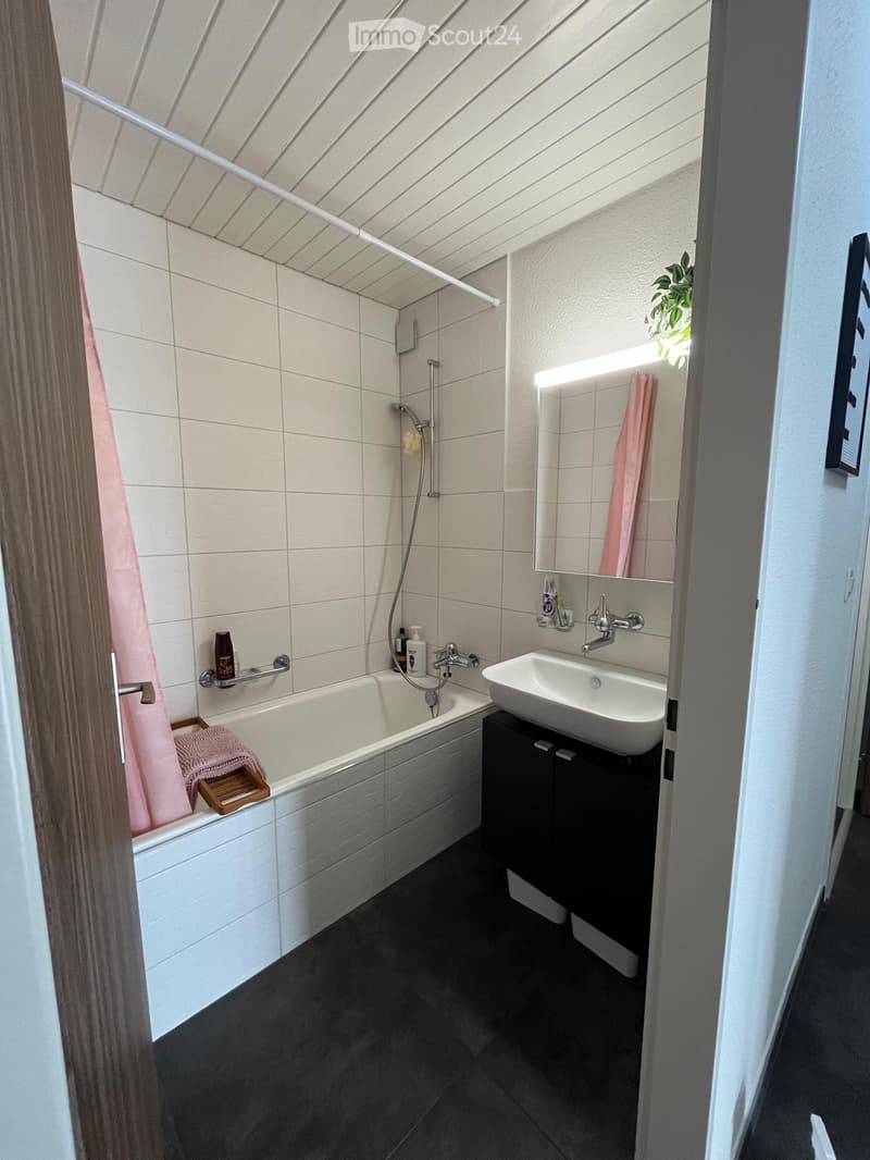 Modern bathroom with a bathtub, sink, mirror, and shower. Features tiled walls, a dark floor, and a small plant on the windowsill.