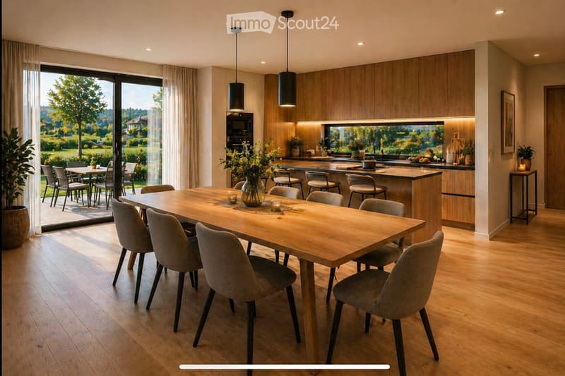 Dining area with a large wooden table, chairs, and a vase of flowers. The room has wooden floors and large windows with sliding doors leading to a patio.