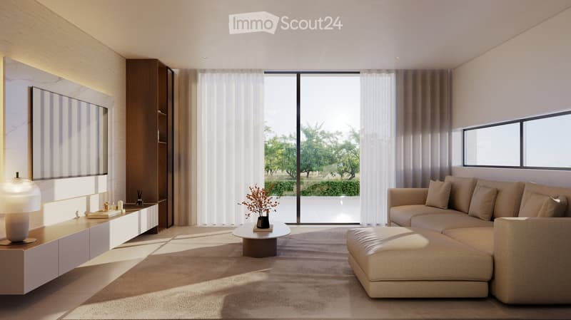 Modern living room with a beige couch, coffee table, and a large window with white curtains.