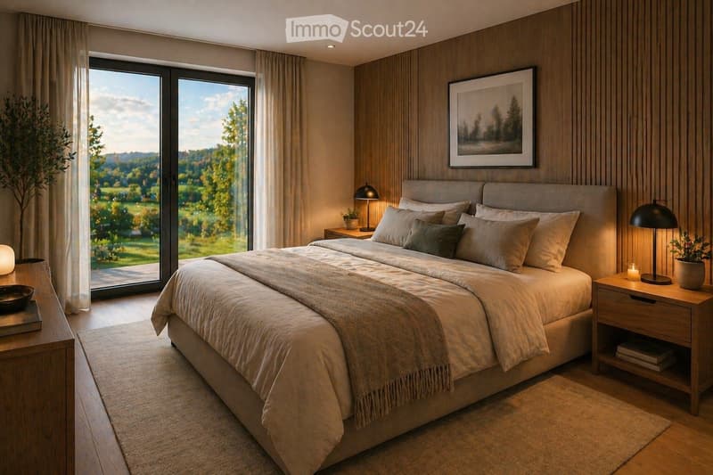 A bedroom with a large bed, wooden nightstands, and a picture frame on the wall. The room has a view of a grassy field and trees through a large glass door.
