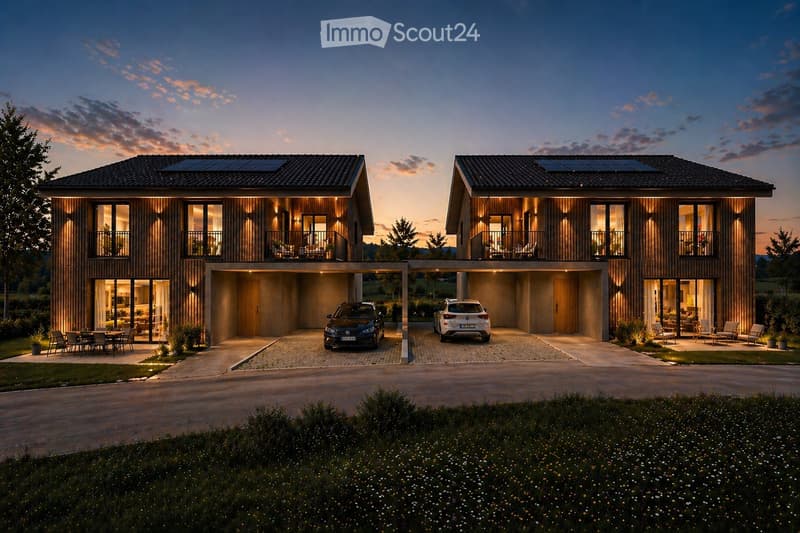 Two modern houses with solar panels on the roof, double garages, and outdoor seating areas.