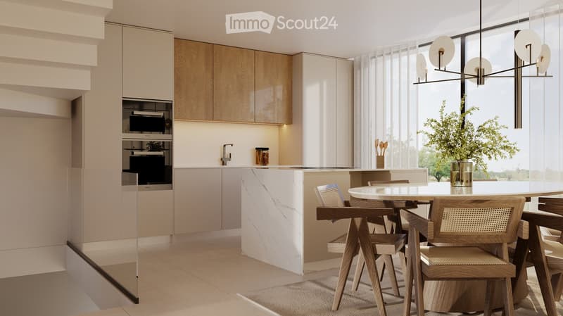 Modern kitchen with marble countertops, wooden cabinets, and a dining area with a round table.
