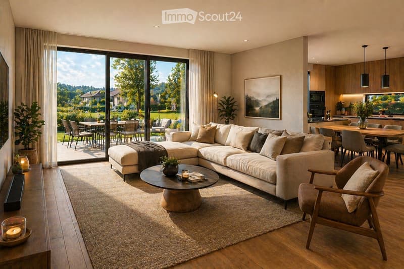 Spacious living room with large windows, beige sofa, wooden coffee table, and a rug. Potted plants and a TV are on the left side.