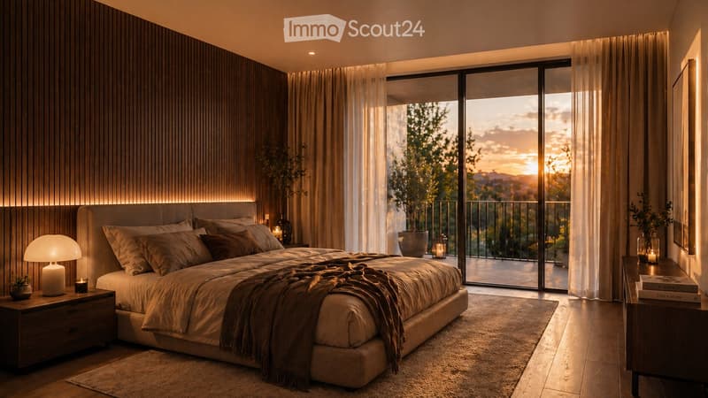Bedroom with wooden walls, bed, nightstands, lamps, rug, plants, and balcony with a view.