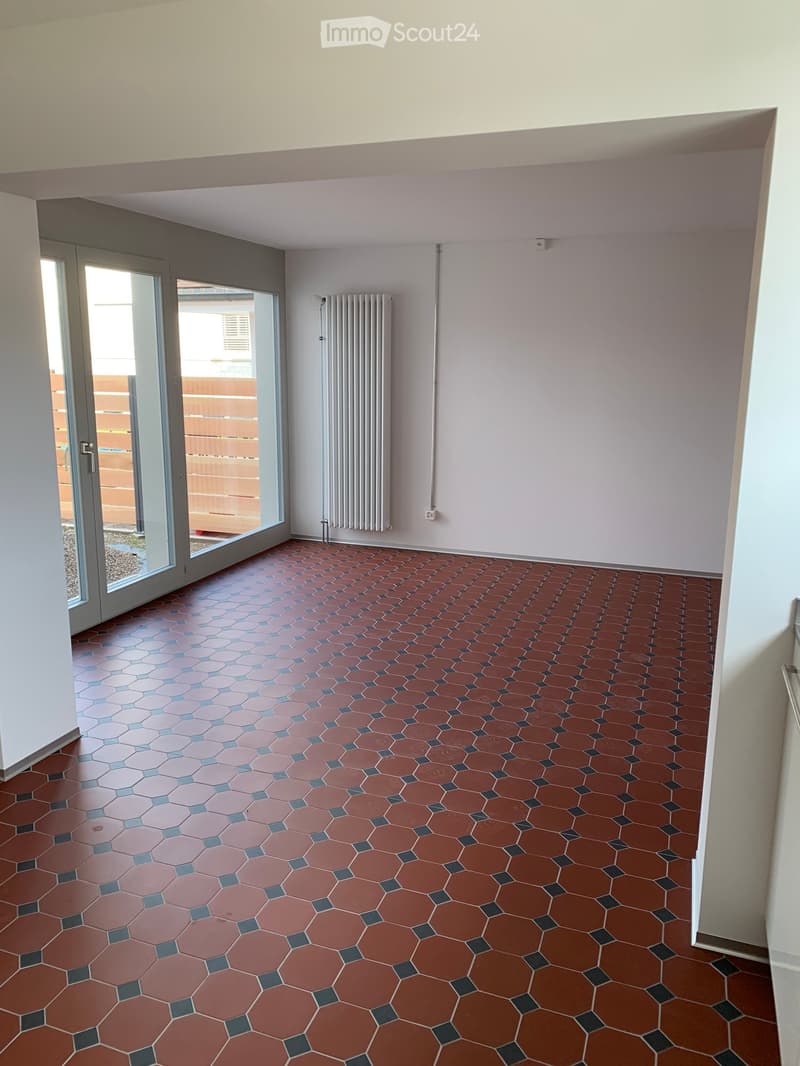 Empty room with hexagonal red and blue tiles, white walls, large glass door leading to outdoor area, radiator on wall, and visible electrical outlet.