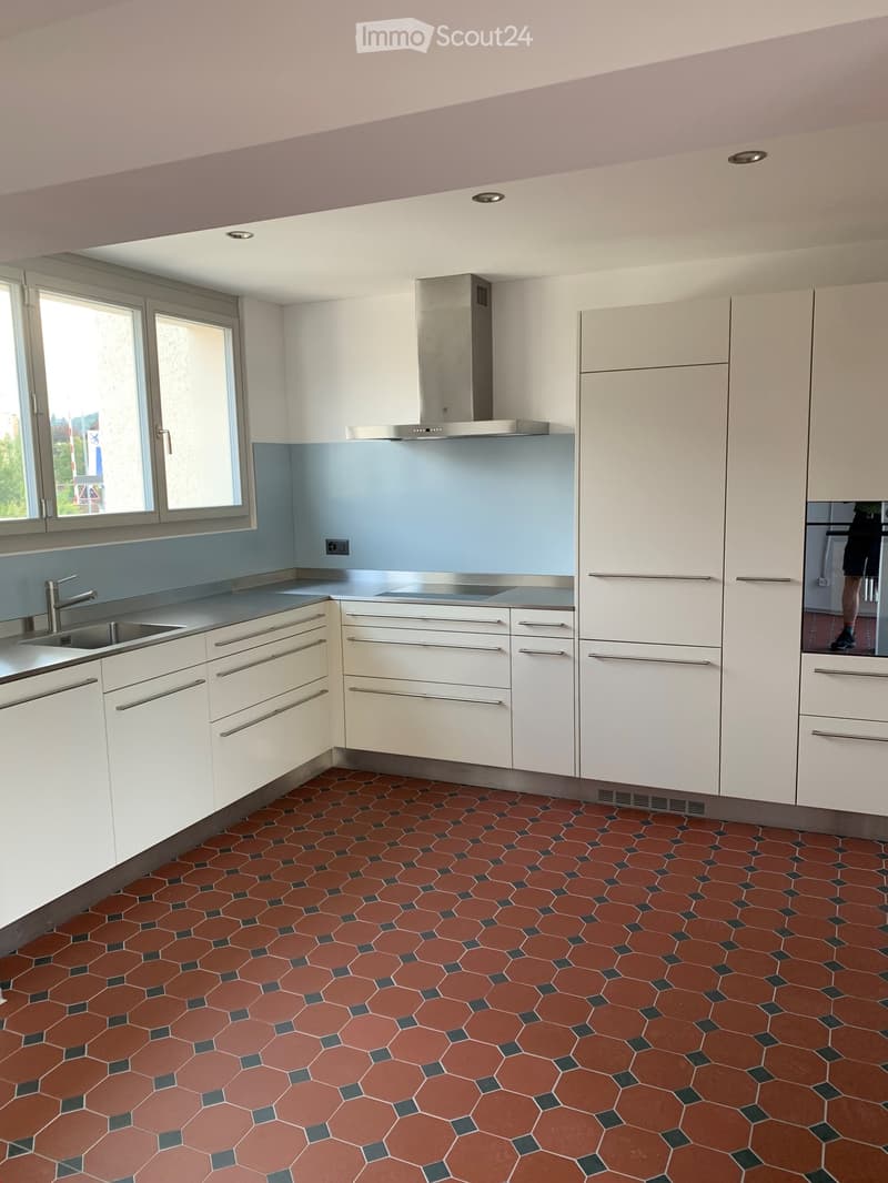 Modern kitchen with white cabinets, stainless steel appliances, and a red hexagonal tile floor.