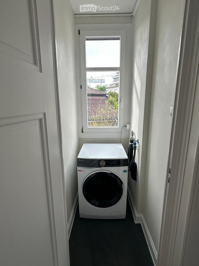 Narrow hallway with a white washing machine placed against the wall, a window at the end showing a view of neighboring buildings and greenery.