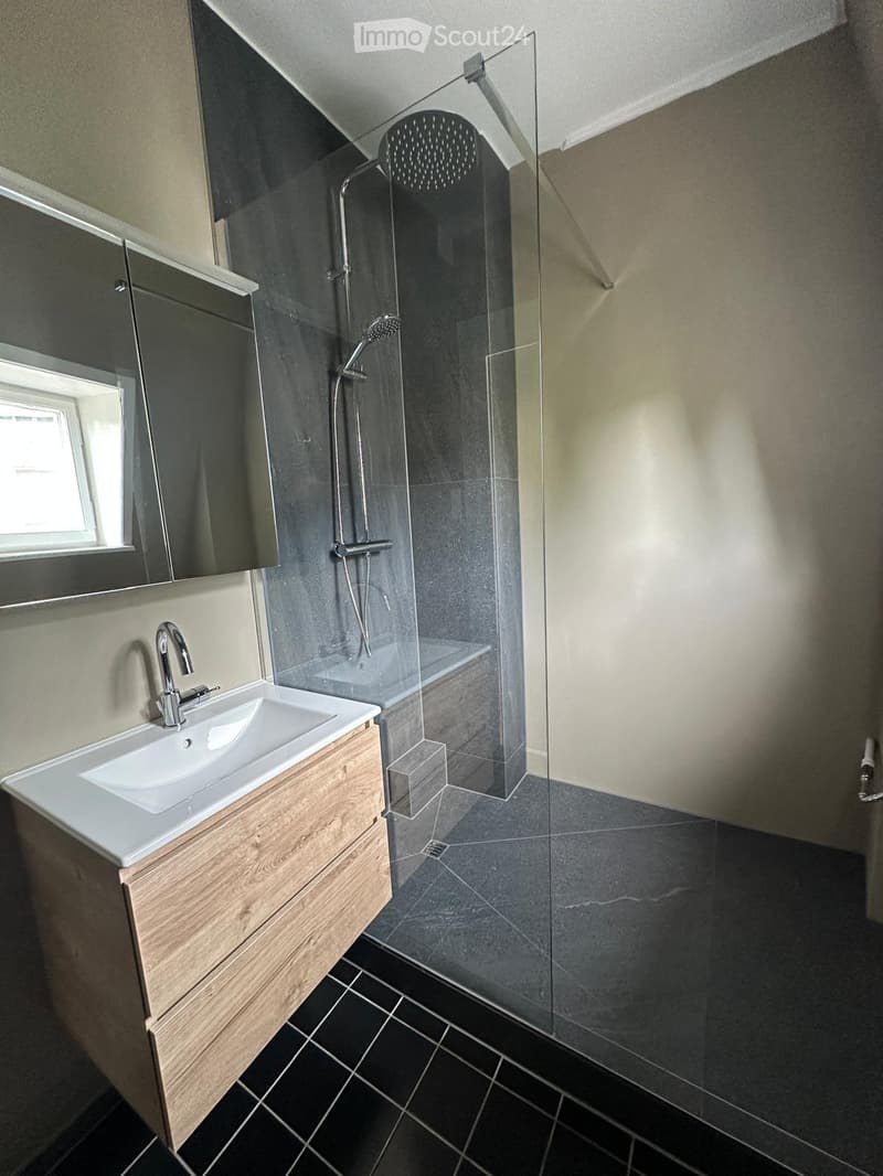 Modern bathroom with a wooden vanity, white sink, chrome faucet, large mirror, and a glass-enclosed shower with a modern showerhead.