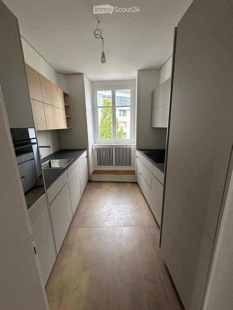 Modern kitchen with light-colored cabinets, a stainless steel sink, and a window overlooking a tree-lined street.