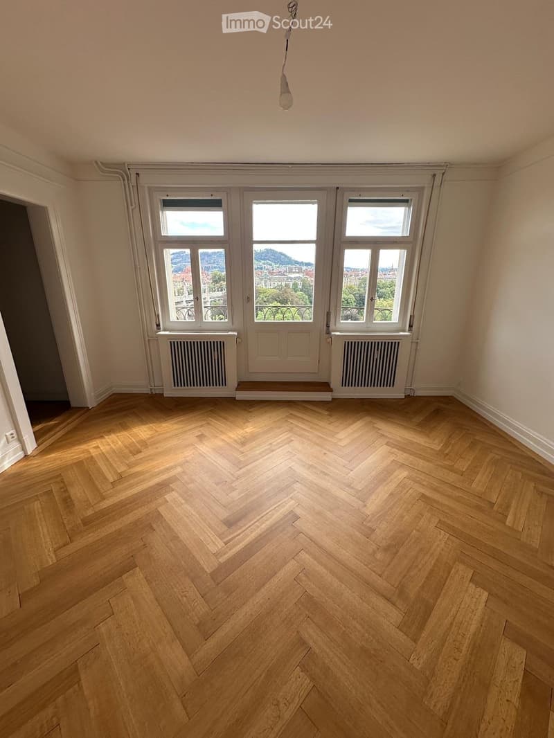 Empty room with herringbone wooden flooring, large windows with city view, radiators, and a hanging light fixture.
