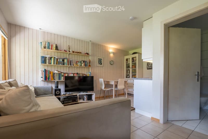 Furnished Room. A cozy living room with a beige sofa, a small table with two chairs, a television on a stand, a bookshelf filled with books, and a white cabinet with glass doors.