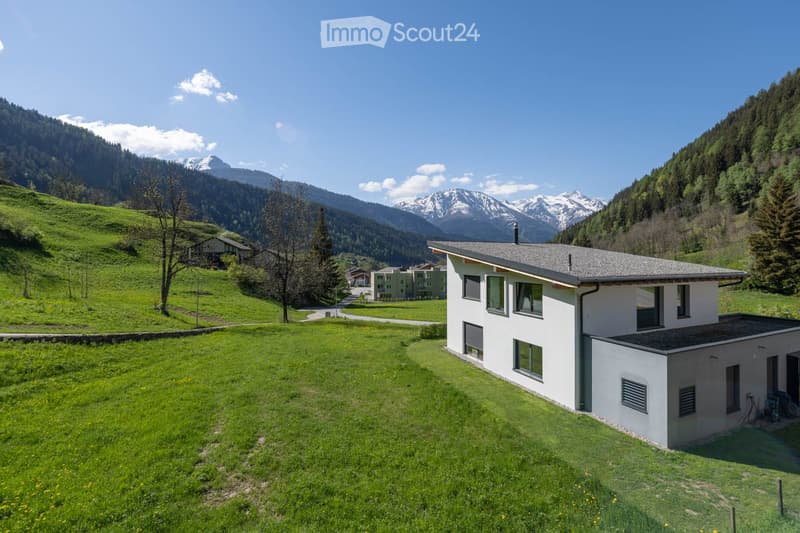 House. Modern two-story house with white exterior and grey roof, situated on a grassy slope with mountain views in the background.