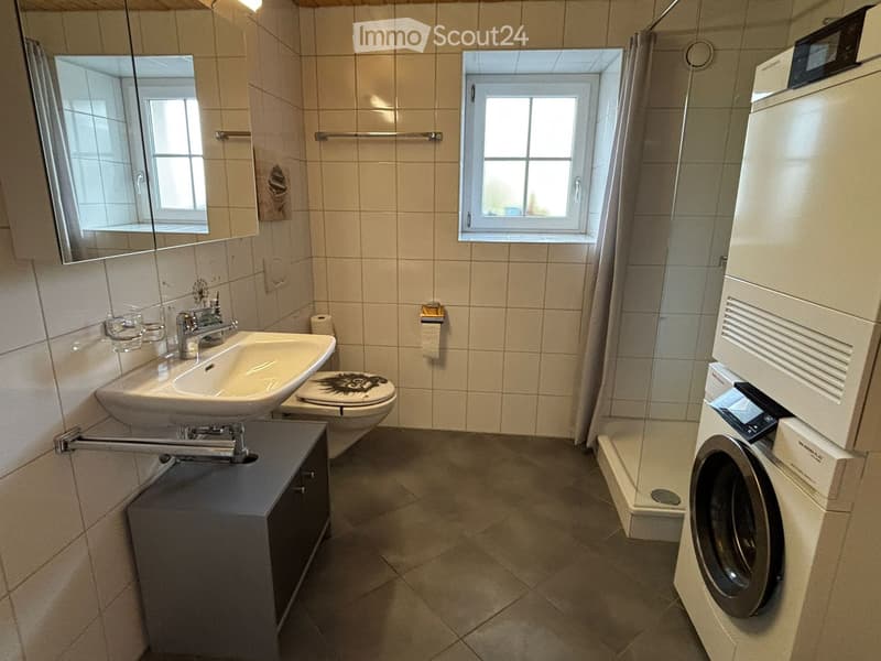 Bathroom with a sink, toilet, washing machine, and a mirror above the sink. The room has tiled walls and a window providing natural light.