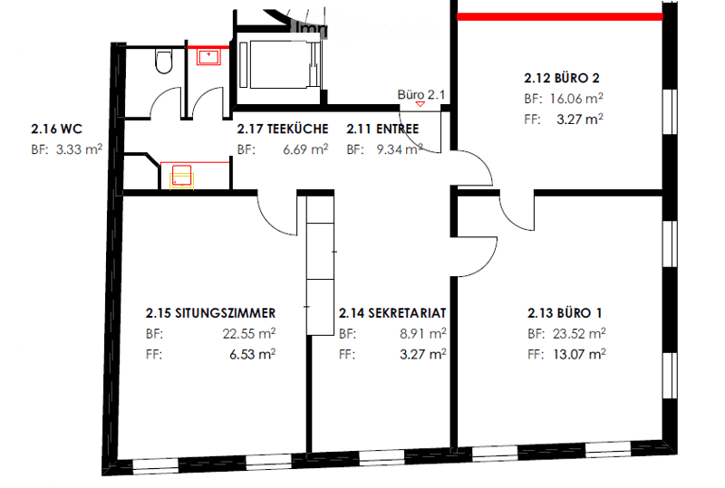 Floor plan of a residential space with labeled rooms including a WC, kitchen, entrance, office, meeting room, and two offices.