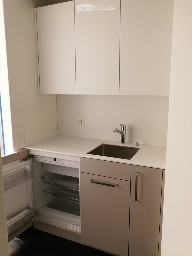 Modern kitchen with white cabinets, a sink, and an open refrigerator. The countertop is light-colored, and the space is well-lit with natural light from a window on the left.