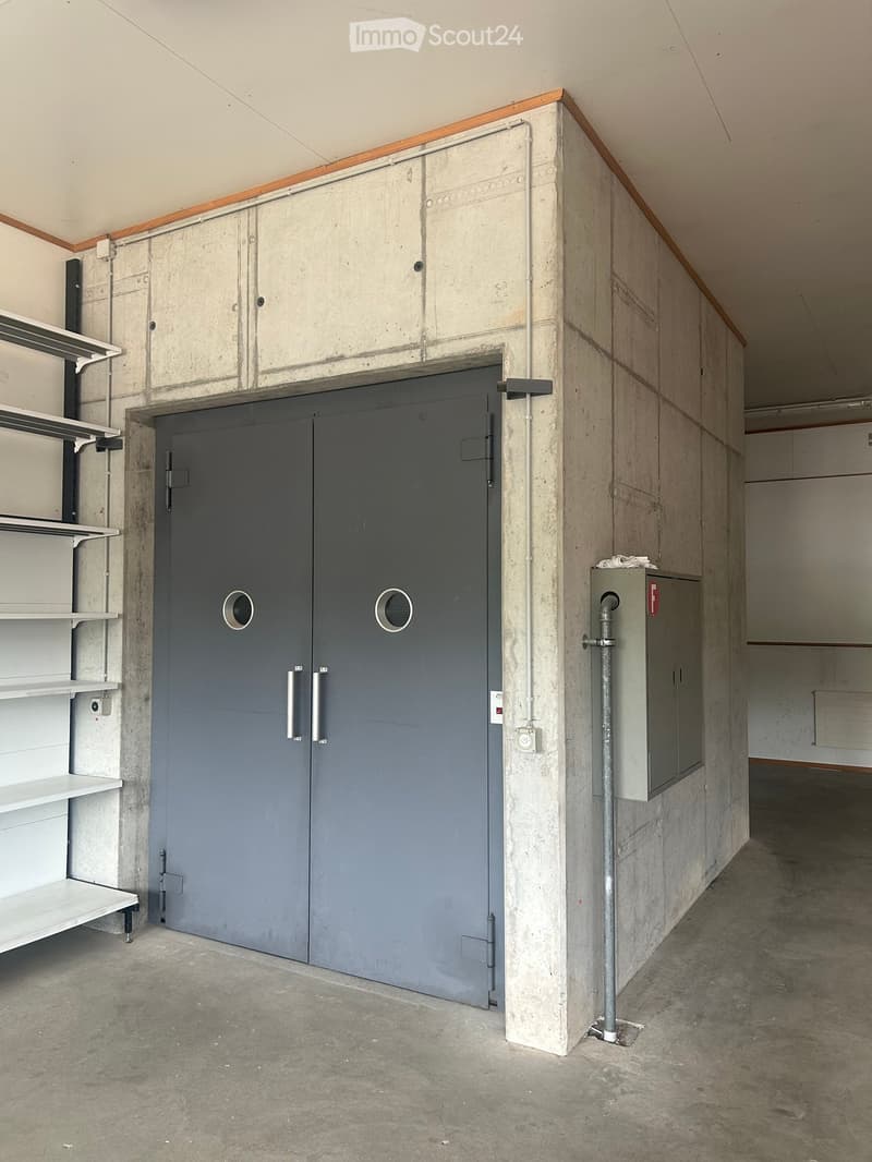 Empty storage room with concrete walls, a large grey garage door, shelves, and electrical panel.
