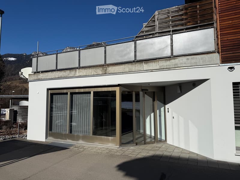 White facade, metal balcony railing, large entrance doors, mountains in the background