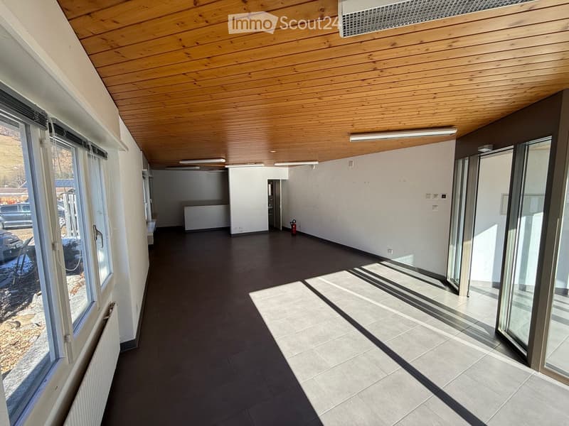 Empty room, tiled floor, wooden ceiling, large windows, sliding doors, radiator