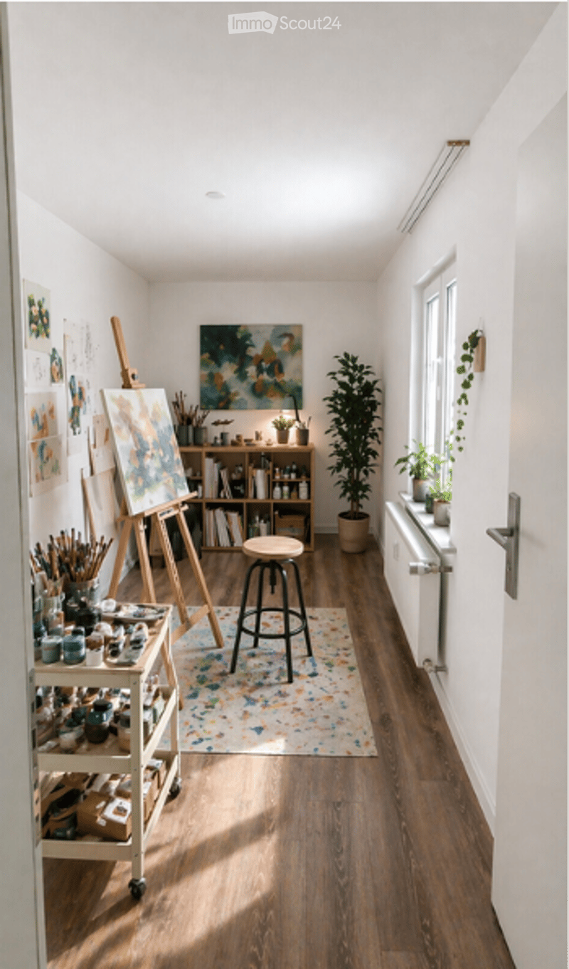 A well-lit artist's studio with wooden flooring, a large easel holding a painting, a stool, a small table with art supplies, shelves with books and decorative items, and potted plants near the window.