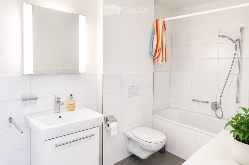 Modern bathroom with white tiles, a sink with a chrome faucet, a toilet, a bathtub with a handheld shower, a large mirror, and a potted plant on the windowsill.