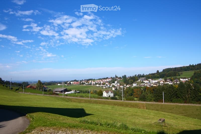 A panoramic view of a rural village nestled in a green valley, with scattered houses, trees, and open fields under a clear blue sky.