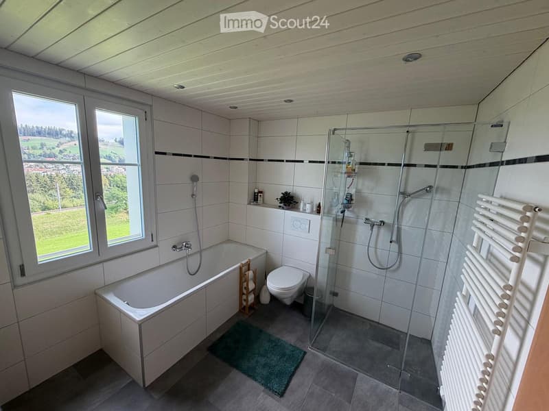 Modern bathroom with a bathtub, toilet, glass-enclosed shower, radiator, and large windows offering a scenic view.
