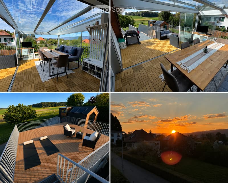 Four images showcasing a modern, well-furnished balcony/terraces with wooden flooring, seating areas, dining tables, and scenic views of the countryside.