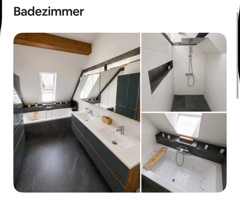 Modern bathroom with a large window, double sink, bathtub, and separate shower area. Features dark tiles, wooden accents, and built-in storage.