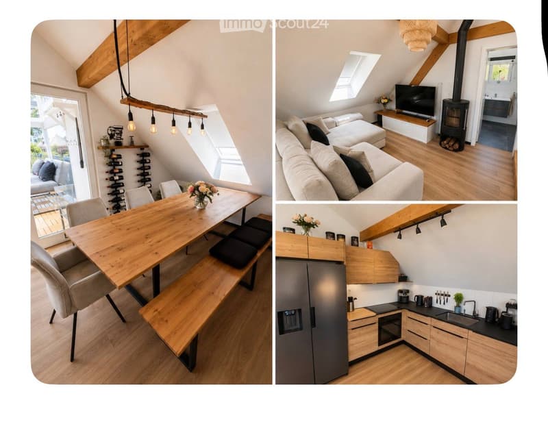 The images show a modern, well-furnished house with a dining area, living room, and kitchen. The dining area features a long wooden table with chairs and a wine rack. The living room has a large white sectional sofa, a TV, and a wood-burning stove. The ki