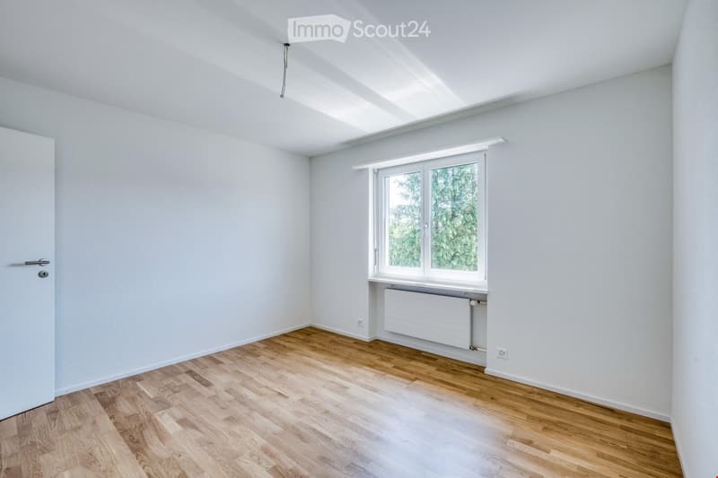 Empty room with light grey walls, wooden flooring, a single window with white frame, and a white radiator below the window.