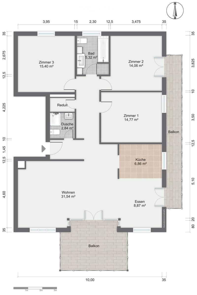 Floor plan showing a living area, dining area, kitchen, three bedrooms, two bathrooms, and a balcony.