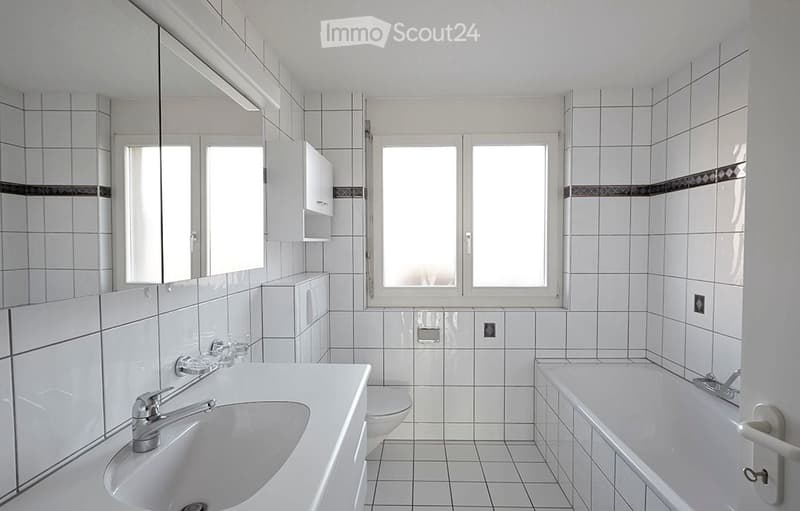 Modern bathroom with white tiles, a large mirror, a sink with a chrome faucet, a bathtub, and a toilet. The room features a window with white frames and a small cabinet above the sink.