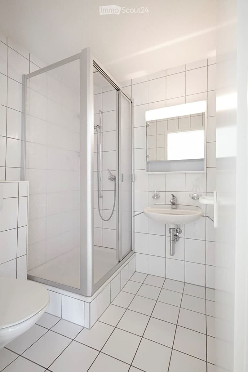 Modern bathroom with white tiles, a glass-enclosed shower stall, a toilet, a sink with a mirror, and a modern faucet.