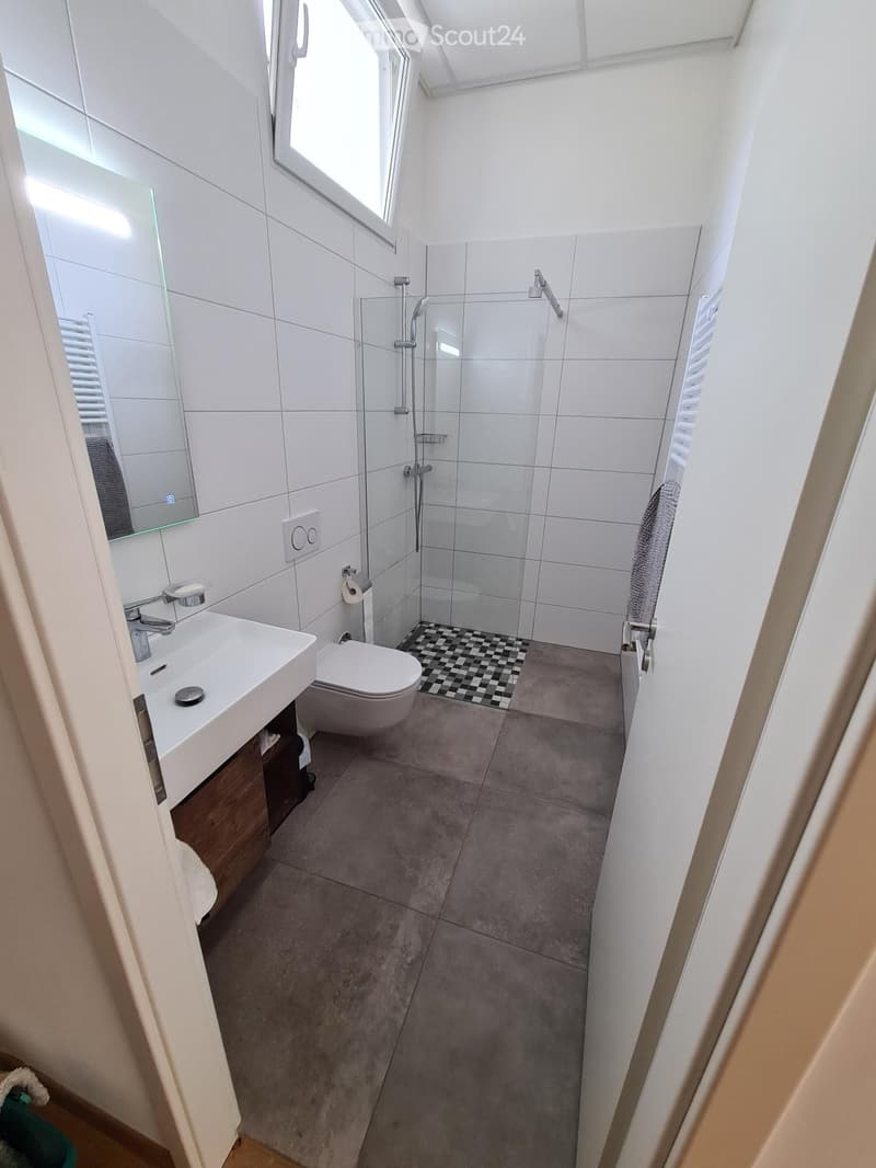 Modern bathroom with white tiles, a glass-enclosed shower, a sink with a mirror, and a toilet. Features a grey towel and a small black and white checkered rug in the shower area.