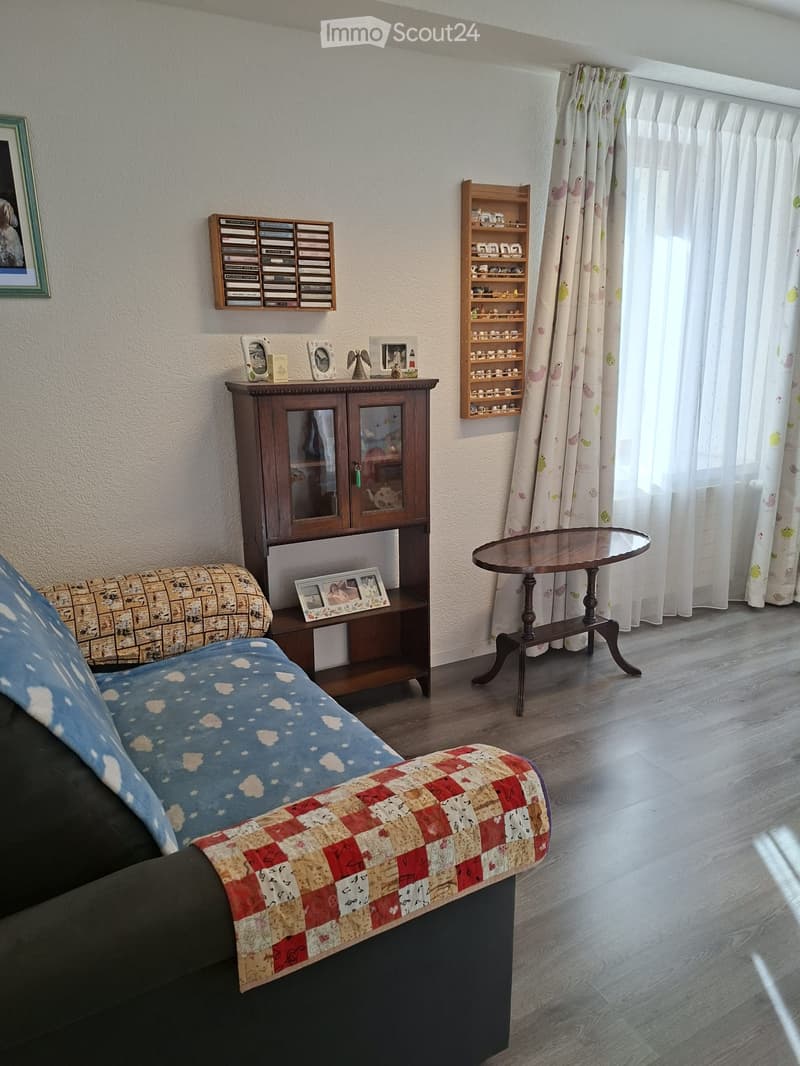 A cozy living room with a dark wooden floor, a blue sofa with a patchwork quilt, a small wooden table, a wooden cabinet, and shelves with decorative items.