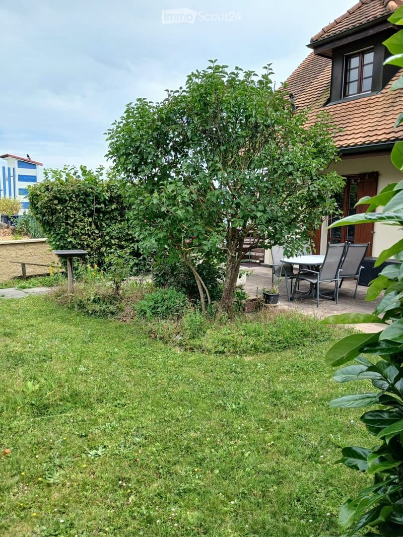Lush garden with a grassy lawn, a tree, a patio area with a table and chairs, and a house with a tiled roof in the background.